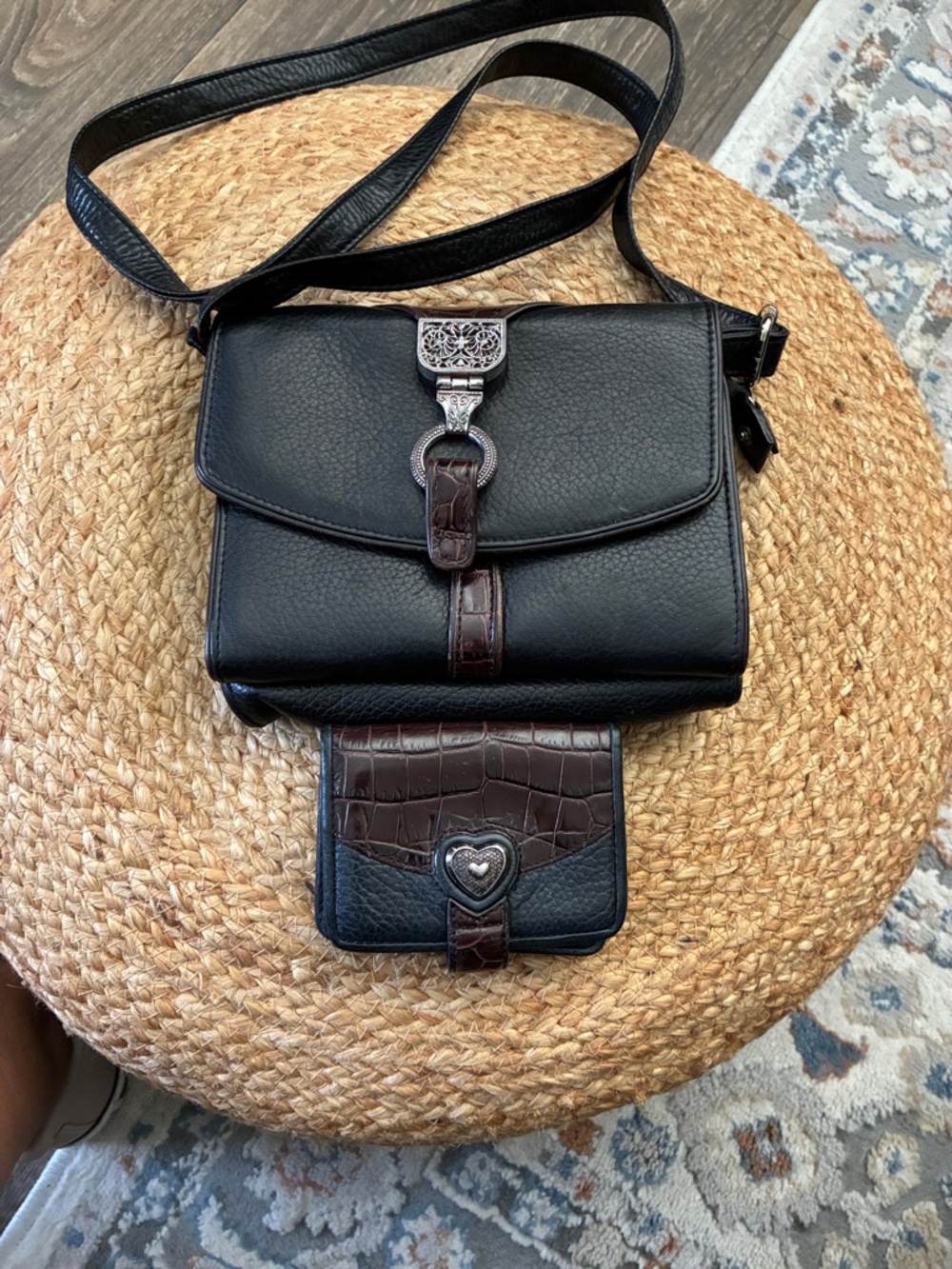 Brighton Black Crossbody Bag with Brown Croc-Accent with matching wallet.